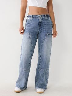 JESSIE UTILITY SUPER BAGGY JEAN Casual Medium Wash Flare Jeans With Contrast Stitching, Mid-rise Denim Cargo Jeans With Contrast Stitching, Distressed Denim Blue Cargo Jeans, Utility Denim Jeans With Contrast Stitching, Distressed Medium Wash Cargo Jeans For Fall, Fall Distressed Medium Wash Cargo Jeans, High Rise Distressed Utility Jeans, Trendy Distressed Medium Wash Cargo Jeans, Trendy Denim Cargo Jeans With Contrast Stitching