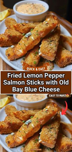 fried lemon pepper salmon sticks with old bay blue cheese