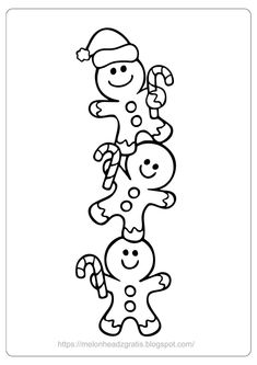 a christmas coloring page with three gingers and two candy canes in the middle