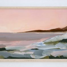 an abstract painting with mountains in the background and pink sky over water on the horizon