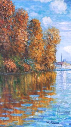 an oil painting of trees in autumn on the water