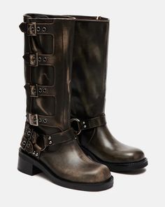 ROCKY Brown Distressed Knee High Boots | Women's Boots – Steve Madden Rocky Boots, Women's Motorcycle Boots, Engineer Boots, An Engineer, Steve Madden Boots, Knee Boot, Buckle Boots, Motorcycle Boots, Moto Boots