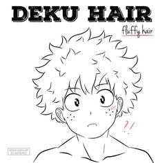 an anime character with the words deku hair on it's chest and head