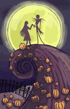 two people holding hands on top of a hill with pumpkins in front of the moon