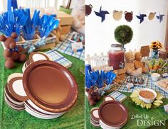 a table topped with plates and desserts covered in blue plastic flowers next to a teddy bear