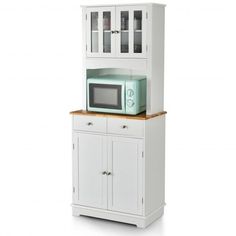 a white microwave oven sitting on top of a cabinet next to a wooden countertop