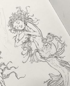 a drawing of a mermaid with her hair blowing in the wind