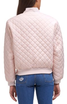 A plush high-pile fleece lining warms a diamond-quilted bomber jacket that'll be a go-to layering piece in your season-spanning wardrobe. Lined, with 100% polyester high-pile fleece 100% nylon Machine wash, tumble dry Imported Oversized Pink Outerwear With Ribbed Cuffs, Pink Quilted Puffer Jacket For Fall, Pink Quilted Outerwear For Winter, Pink Stretch Winter Outerwear, Pink Long Sleeve Puffer Jacket With Zipper Closure, Spring Long Sleeve Quilted Jacket With Zipper Closure, Spring Long Sleeve Quilted Jacket With Zipper, Pink Winter Outerwear With Ribbed Cuffs, Oversized Quilted Jacket For Spring