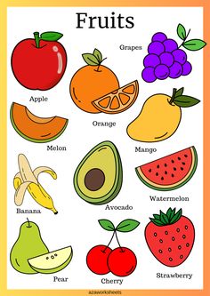 an image of fruits that are labeled in english