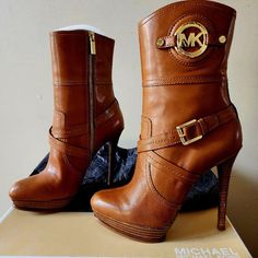 Michael Kors Stockard Leather Bootie Luggage - Like New! Leather Booties, Tan Brown, Bootie, Bootie Boots, Style Me, Ankle Boots, Michael Kors, Like New, Women Shoes