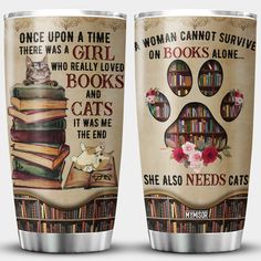 two coffee mugs with cats and books on them