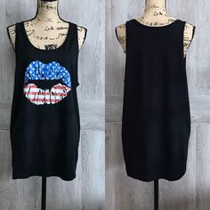 USA Flag Kiss Lips Black Tank Top Measurements are approximate and laying flat: Large BB532 -Pit to pit approx. 20" -Length approx. 29" XL BB534 -Pit to pit approx. 22" -Length approx. 31"29.00 Lips Black, Kiss Lips, Top Measurements, Black Tank Top, Black Tank, Usa Flag, Black Tank Tops, Graphic Tees, Kiss