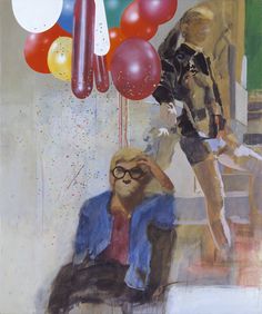 a painting of a man sitting in a chair with balloons