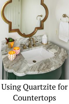 a bathroom sink with the words using quartz for countertops above it and below it