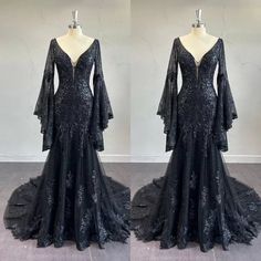 Gothic Black Wedding Dresses Flared Sleeve V Neck Sweep Train A Line Bridal Gown.  "This pin contains affiliate links, which means I may earn a commission at no cost to you extra for you". 
 #affiliate #advertising" Goth Princess Wedding Dress, Simple Goth Wedding Dress, Black Wedding Dress Bell Sleeve, Gothic Reception Dress, Black Lace Wedding Dress Vintage, Gothic Bride Wedding Dress, Whimsy Goth Wedding Dress, Black Wedding Dresses Long Sleeve, Black Wedding Dress Elegant Long Sleeve