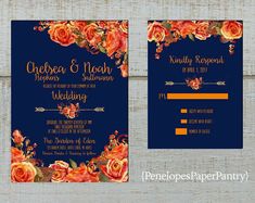 two wedding cards with roses on them, one is blue and the other is orange