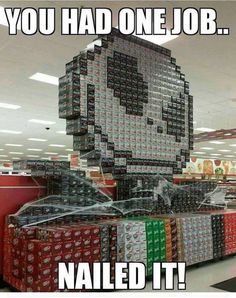 a large pile of soda cans in a store with the caption, we demand a raise for the target employee who did this