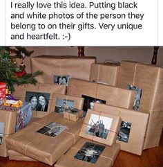 a pile of wrapped presents sitting on top of a wooden floor next to a christmas tree