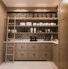 a ladder is in the middle of an organized kitchen