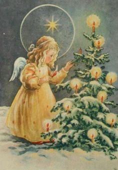 an angel decorating a christmas tree with candles