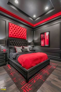 Dramatic Red &Amp; Black Modern Bedroom With Tufted Headboard Simple Room Decoration, Black Bedroom Design, Black Bedroom Decor, Sophisticated Bedroom, Black Bedroom, Simple Room