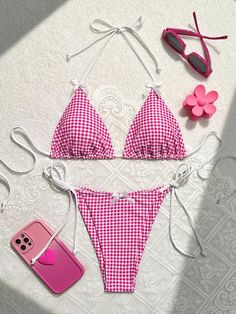 Sunset Charm Plaid Bikini With Bows – Sunset and Swim Random Pattern, Swimsuit Set, Swim Wear