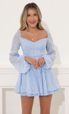 Graduation Dresses > Deborah Dotted Chiffon Fit and Flare Dress in Blue Blue Hoco Dress Short, Cute Dance Dresses, Sorority Recruitment Dresses, Classy Dresses Short, Blue Hoco Dresses, Blue Graduation Dresses, Bat Mitzvah Dresses, Simple Outfits For School, Hoco Dresses Long Sleeve