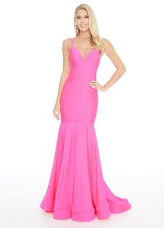 Ashley Lauren 1870 This stunning fit & flare evening gown is sure to turn heads! The bustier in this prom dress has a v neckline complete with double spaghetti straps and illusion panel sides. The skirt in this pageant gown is embellished with box-pleats and sweeping train. Racer Back Jersey Available Sizes: 12 Available Colors: Hot Pink V-Neckline Fit & Flare Silhouette Double Spaghetti Straps Illusion Cutouts Neon Prom Dresses, Ashley Lauren, Dream Prom Dress, Pageant Gown, Drum Sets, Off Shoulder Gown, Mermaid Prom Dress, Trumpet Dress, Simple Prom Dress