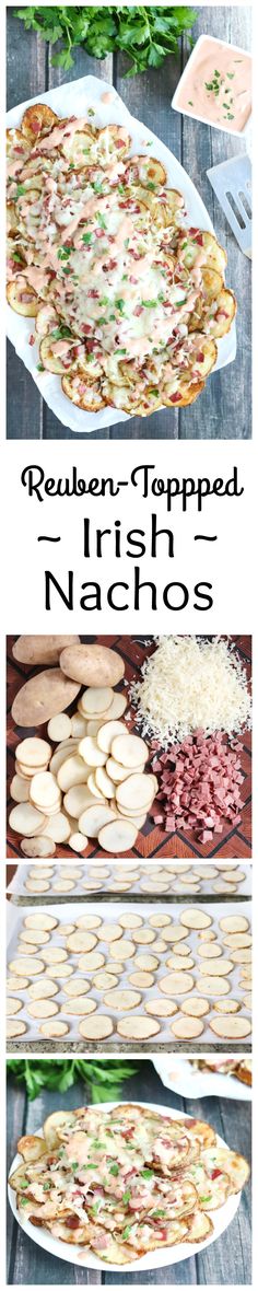 four different types of food are shown in this collage with the words reuben - shaped irish nachos