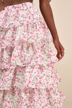 The ethereal elegance that emanates from the Sister Jane Wild Hearts Ivory Multi Floral Tiered Midi Skirt will have you feeling romantic all day long! A darling pink and green floral print, along with a subtle diamond-like jacquard pattern, adorns gauzy woven chiffon as it shapes this whimsical midi skirt. The high-waisted fit naturally flatters your figure, while layers of cascading tiers (with hidden tulle for additional volume) line the A-line silhouette to complete the adorable design. Hidde Ethereal Elegance, Sister Jane, Tiered Midi Skirt, Green Floral Print, Jacquard Pattern, Summer Skirts, Wild Hearts, Pink And Green, Midi Skirt