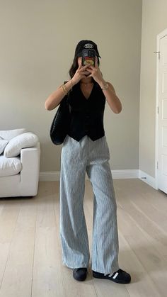 outfit details on ltk  stripe pants vest spring summer casual outfit Office Outfits Summer Casual, Pants Inspo Aesthetic, Outfits For Traveling Summer, Styling Striped Pants, Summer Pants 2024, Stripped Pant Outfits, Work Fits Summer, Cool Summer Work Outfits, Casual 2024 Outfits