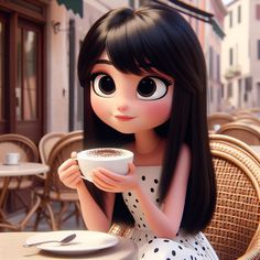 a cartoon girl holding a cup of coffee in front of her face and looking at the camera