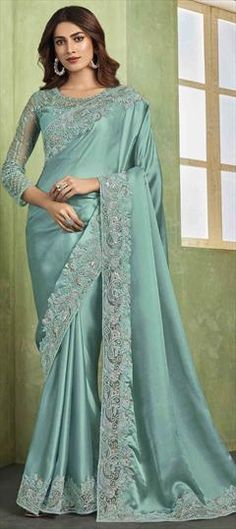 Green color Saree in Chiffon fabric with Embroidered, Resham, Sequence, Thread work Green Color Saree, Wedding Green, Traditional Saree, Wedding Saree, Reception Wedding, Traditional Sarees, Thread Work, Chiffon Fabric, Saree Wedding