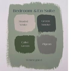 Farrow & Ball Colour pallete for main bedroom, featuring Calke Green, Whirleybird, Pigeon, Green Smoke and Shaded White Calke Green Bedroom, Calke Green, Calke Green Farrow And Ball, Boys Green Bedroom Ideas, Boys Room Colors, Farrow And Ball Bedroom, Willow Green, Studio Green, Green Palette