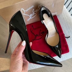 New In Box Size: 39.5 Eu / 9.5 Us Color: Black Patent Leather Heel Height: 4” Pointed Toe Stiletto Heel 0484 Classic Evening Heels With Red Sole, Luxury Red Sole Heels For Cocktail, Luxury Heels With Red Sole For Cocktail, Luxury Red-sole Heels For Cocktail, Luxury Court Shoes With Red Sole For Party, Luxury Evening Court Shoes With Wrapped Heel, Luxury Party Court Shoes With Red Sole, Black Court Shoes With Red Sole For Formal Occasions, Luxury Court Shoes With Red Sole For Formal Occasions