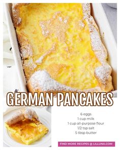 an image of german pancakes with powdered sugar on top in a baking pan and text overlay