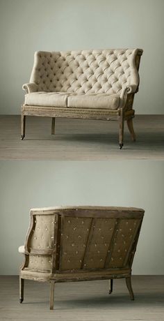 an old couch with buttons on it is shown in three different angles and the bottom one has