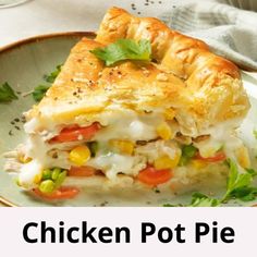 a chicken pot pie on a plate with the words chicken pot pie written below it