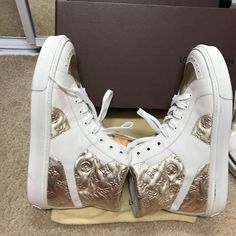 Yup! Gorgeous And Stunning Pair Of Lv Sneakers! I Have It Used With Shorts Or Pants And They Rock! They Are Comfy Too. Signs Of Use. Clean Interior! Date Code Present. Examine Pictures For Overall Condition. No Rips No Tears No Holes. Box And Dust Bag Not Included. Luxury Lace-up Sneakers, Designer High-top Sneakers With Perforated Toe Box, Luxury High-top Custom Sneakers With Perforations, Designer High-top Custom Sneakers With Perforated Toe Box, Luxury Custom White Sneakers, Luxury White Sneakers, Louis Vuitton Shoes Sneakers, Lv Sneakers, Gold Monogram