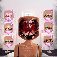 a mannequin head is shown in front of several signs with hearts on them