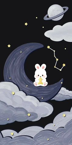 a painting of a bunny sitting on the moon with stars in the sky above it