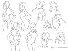 a drawing of different poses and body shapes for the woman's face, shoulders, and chest