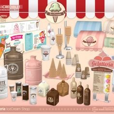 an assortment of ice cream and gelato shop related items are shown in this image