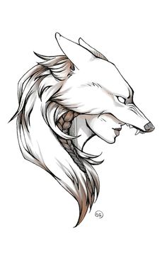 a drawing of a wolf's head with long hair