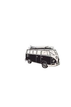 an old black and white van with surfboards on top is shown in this drawing