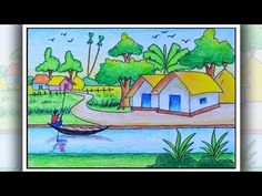 a drawing of a person on a boat in the water with houses and trees behind them