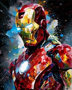 a painting of iron man with paint splattered on it's face and chest