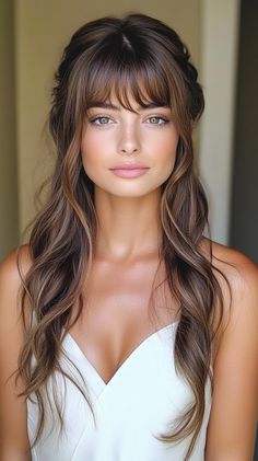 wedding hairstyles half up half down bangs Wedding Hair Bangs, Bridesmaids Ideas, Beautiful Bridal Hair, Half Up Half Down Wedding, Elegant Wedding Hair, Wedding Hairstyles Half Up Half Down