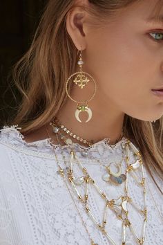 Ceres Earrings Earrings Cross, Horn Jewelry, Bohemian Jewellery, Bone Horn, Bohemian Accessories, Synthetic Opal, Earrings Accessories, Styl Boho, 24kt Gold