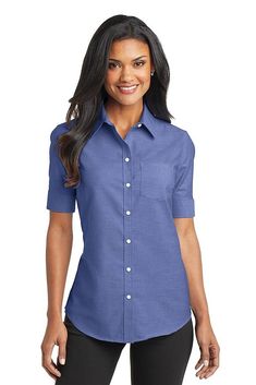 Port Authority ® Ladies Short Sleeve SuperPro ™ Oxford Shirt. L659 - NAVY - M | Port Authority Women's Short Sleeve SuperPro Oxford Shirt in Navy Blue Size Medium | Cotton/Polyester Blend Top Uniform, Pea Coats Women, Hooded Flannel, Oxford Blue, Women's Button Down Shirt, Short Sleeve Dress Shirt, Port Authority, Twill Shirt, Ladies Short